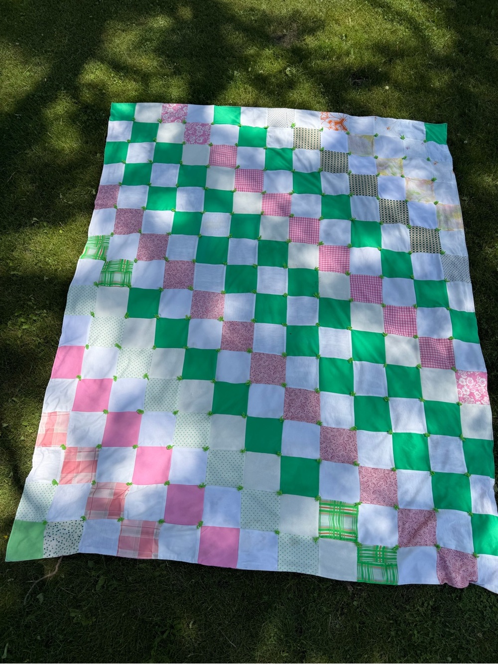 Handmade Patchwork Quilt - Green, Pink & White